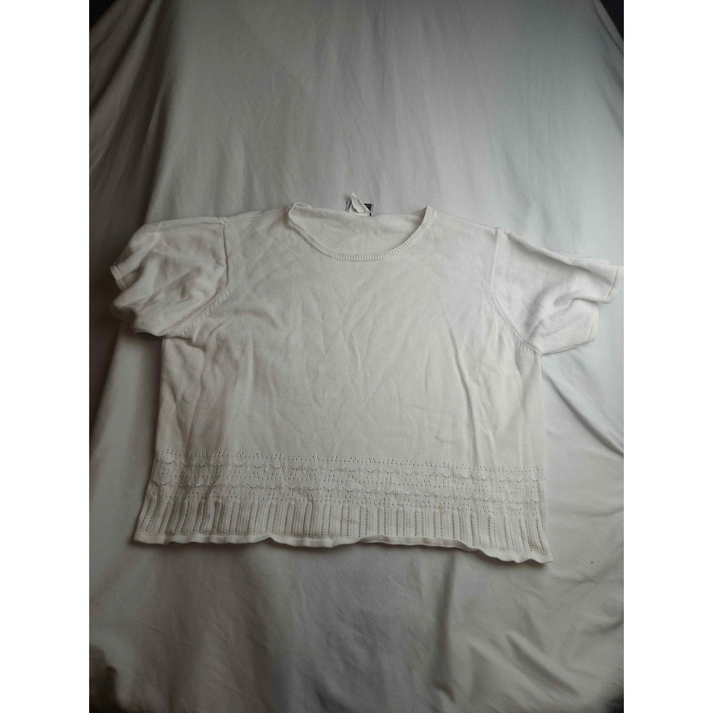 Nikki White Short Sleeve Knit Sweater Pointelle Hem Cotton Blend XL Womens